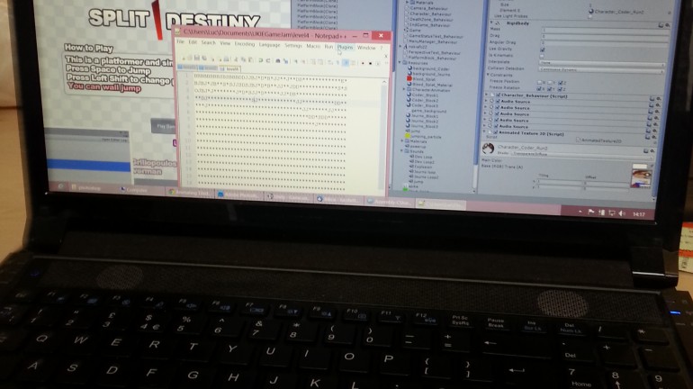 Working on Split Destiny during the JournoDevSwap game jam at the UKIE offices in London.